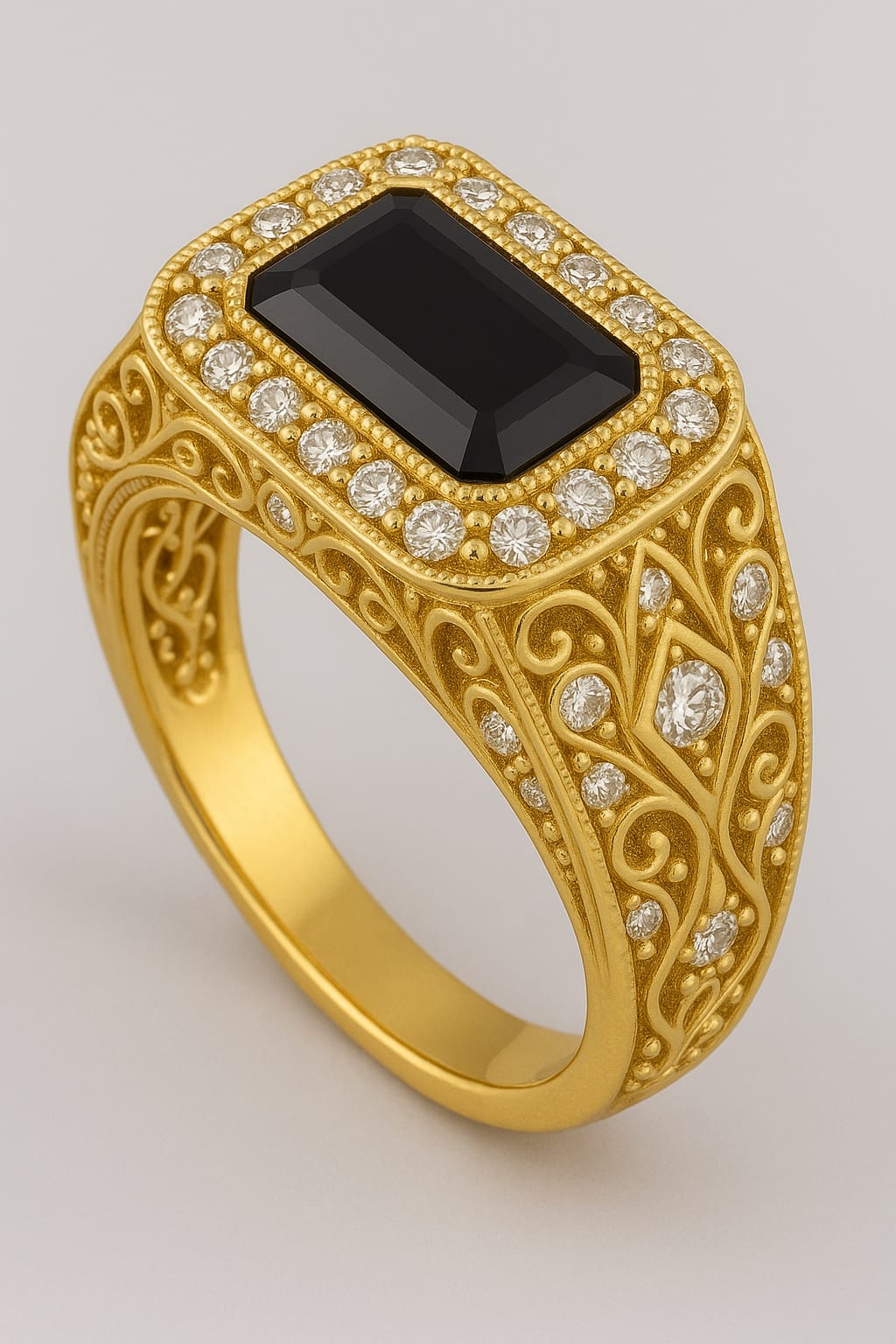 18 AYAR SARI BEYAZ ALTIN 0.30CT BEYAZ ORTASINDA 6.15CT SİYAH DOĞAL PIRLANTA YÜZÜK