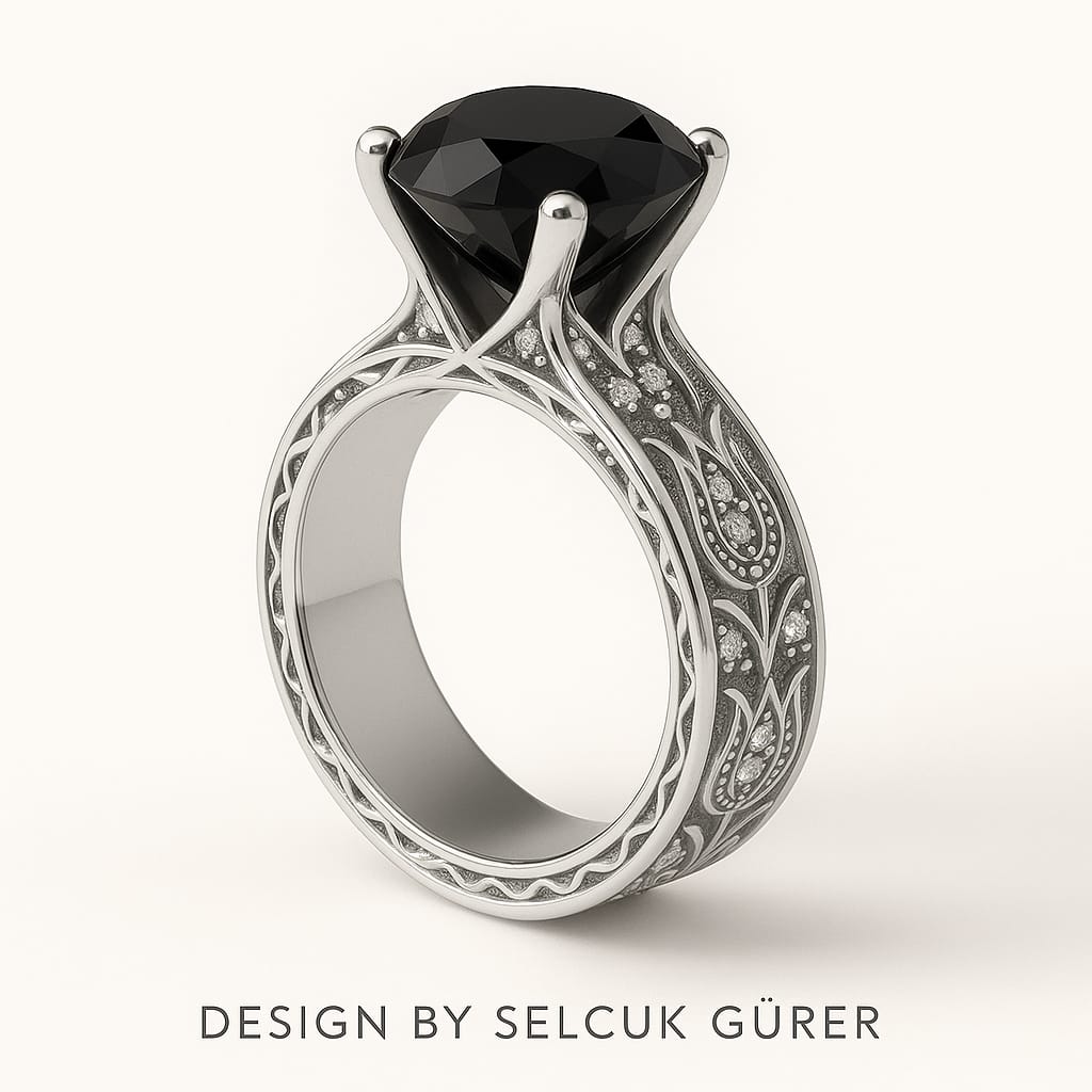 18 AYAR SARI BEYAZ ALTIN YANLARI LALE OYMA PIRLANTALI YÜZÜK