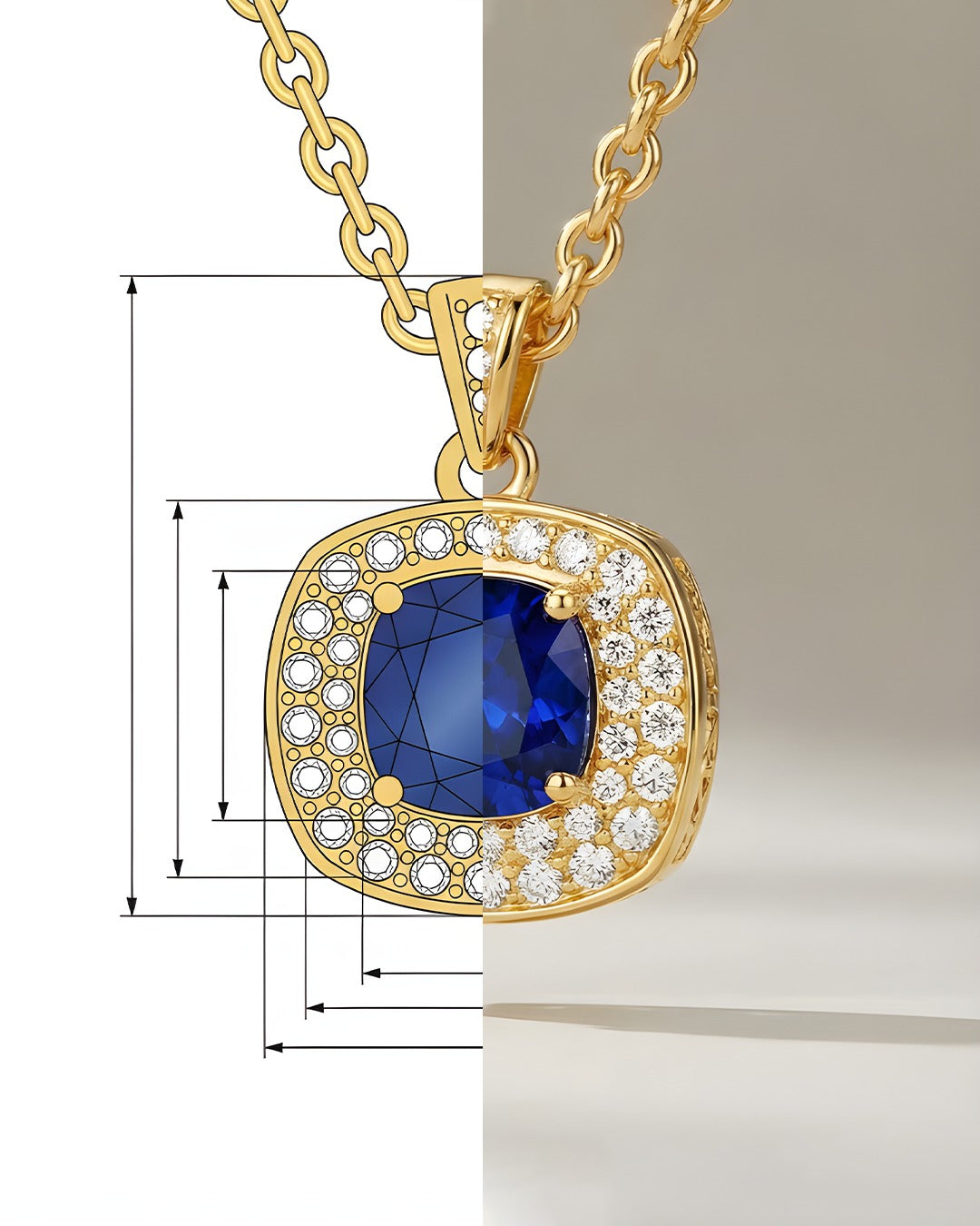 18 AYAR SARI ALTIN ÜZERİNE BEYAZ 6CT MAVİ ELMASI TASARIM KOLYE