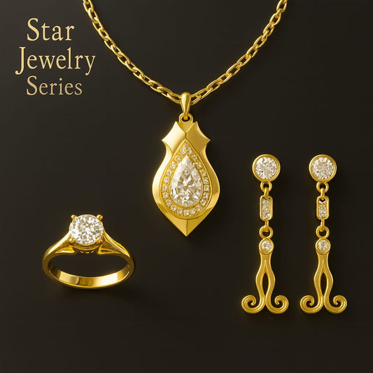 Star Takı Seti - 18K Altın Kolye Küpe Yüzük