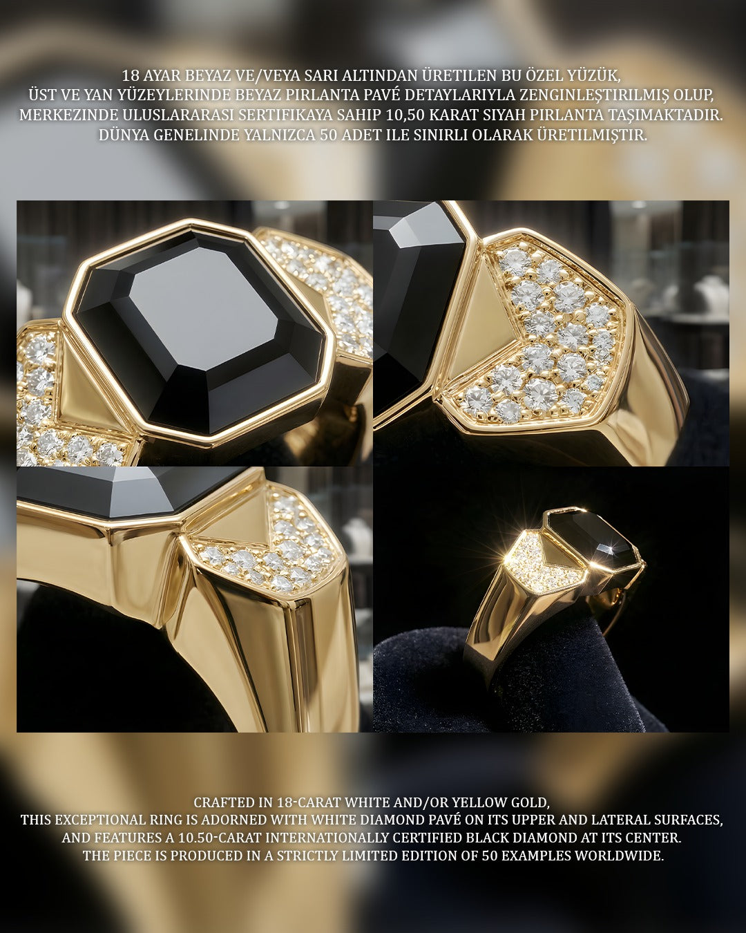 18 AYAR BEYAZ SARI ALTIN ÜST KISMI BEYAZ PIRLANTA ORTA KISIM 10CT SİYAH PIRLANTA YÜZÜK