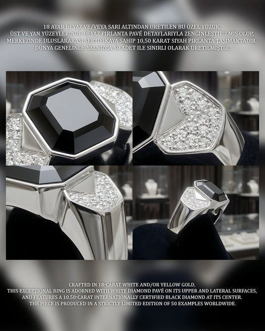18 AYAR BEYAZ SARI ALTIN ÜST KISMI BEYAZ PIRLANTA ORTA KISIM 10CT SİYAH PIRLANTA YÜZÜK