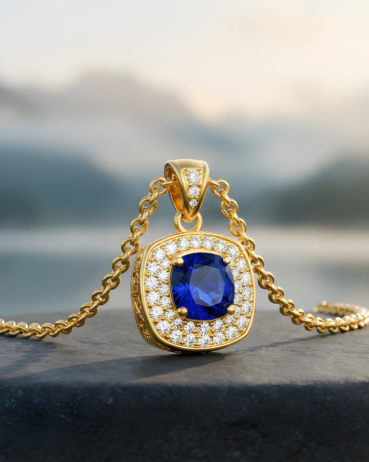 18 AYAR SARI ALTIN ÜZERİNE BEYAZ 6CT MAVİ ELMASI TASARIM KOLYE