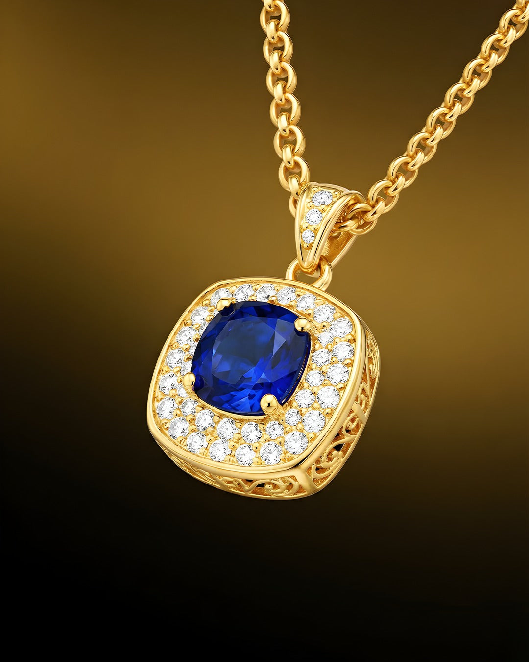 18 AYAR SARI ALTIN ÜZERİNE BEYAZ 6CT MAVİ ELMASI TASARIM KOLYE