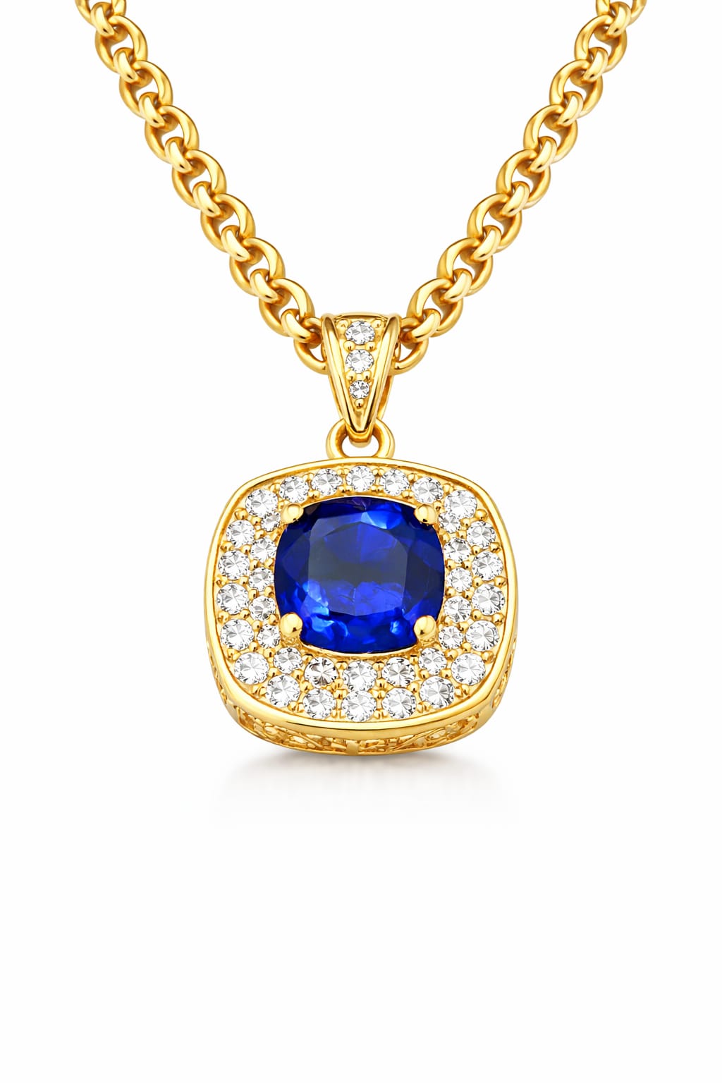 18 AYAR SARI ALTIN ÜZERİNE BEYAZ 6CT MAVİ ELMASI TASARIM KOLYE