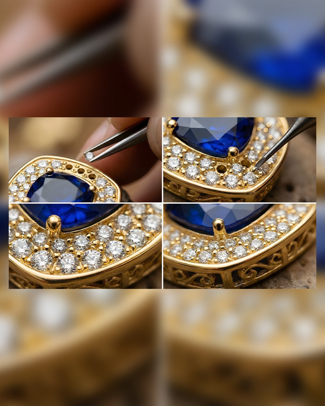 18 AYAR SARI ALTIN ÜZERİNE BEYAZ 6CT MAVİ ELMASI TASARIM KOLYE