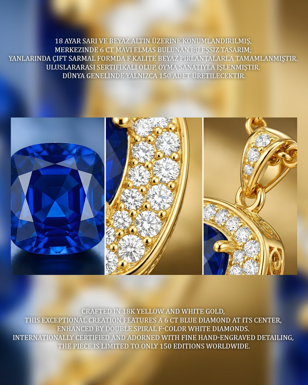 18 AYAR SARI ALTIN ÜZERİNE BEYAZ 6CT MAVİ ELMASI TASARIM KOLYE